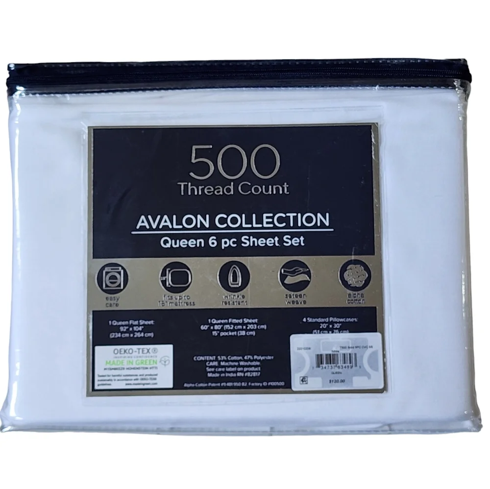 Avalon Collection Queen 6‎ pcs White Sheet Set 500 Thread Count Cotton Blend